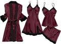 Women's 4pcs Silk Satin Pajamas Set Floral Lace Trim Dress with Robe Lounge Sleepwear Nightdress Novelty Loungewear