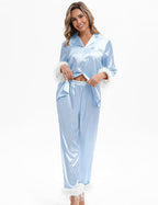 MORFORU Satin Pajama Set for Women Feather Trim Long Sleeve Pjs with Sleep Mask Headband Scrunchie Sleepwear Lounge Set