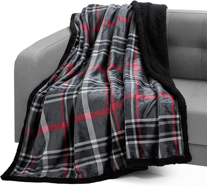 Elegant Comfort Throw Blanket, Reversible Sherpa Flannel, Ultra-Soft, Fuzzy, Cozy and Plush- All Season Lightweight Decorative Throw, 50 x 60 inches, Plaid Design Sherpa Throw, Midnight