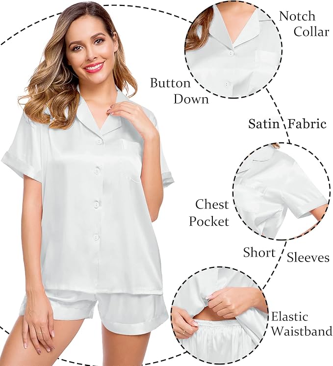LecGee Womens Silk Satin Pajamas Short Sleeve Loungewear Two-Piece Sleepwear Button-Down Pj Set