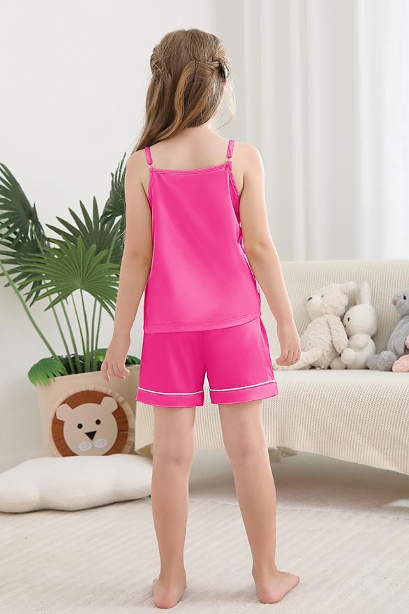Weixinbuy Girls Pajamas Silk PJS Set Sleeveless Pajama Tank Elastic Waist Shorts Sleepwear Kids Summer Nightwear Clothes Set