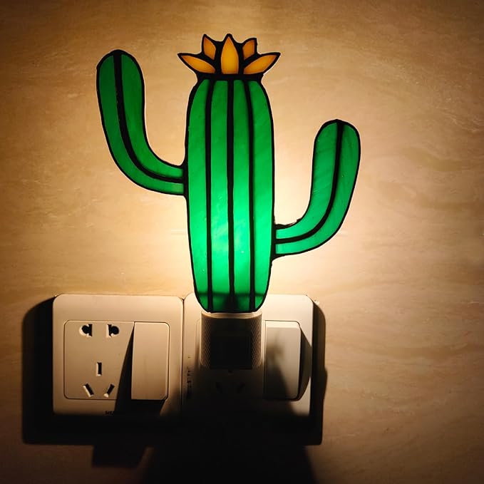 Stained Glass Night Light Plug into Wall Lamp Decorative Accent Nightlight for Hallway Bedroom Bathroom Kitchen Nature Themed Home Décor (Cactus)