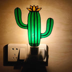Stained Glass Night Light Plug into Wall Lamp Decorative Accent Nightlight for Hallway Bedroom Bathroom Kitchen Nature Themed Home Décor (Cactus)