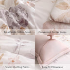 ALEISSEL Vintage Natural Cotton Comforter King Size 3Pcs - Brown & Lilac Gray Branches and Soft Blush Flowers on Off-White, Lightweight Reversible Floral Bedding Sets(King,104"×90")