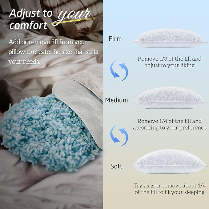 BETU Cooling King Size Pillow, Shredded Memory Foam Cool Pillow for Hot Sleepers, Adjustable Firm Soft Support Bed Pillows Perfect for Back Neck Pain and Side Sleeping with Pillows Case Cover, White