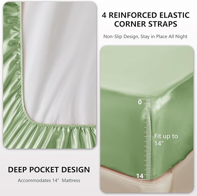 CozyLux Satin Sheets Full Size Sheets - 4 Piece Silky Full Size Bed Sheets, Luxury Sage Green Full Bed Set with Smooth and Soft Microfiber, Includes 1 Fitted Sheet, 1 Flat Sheet and 2 Pillowcases