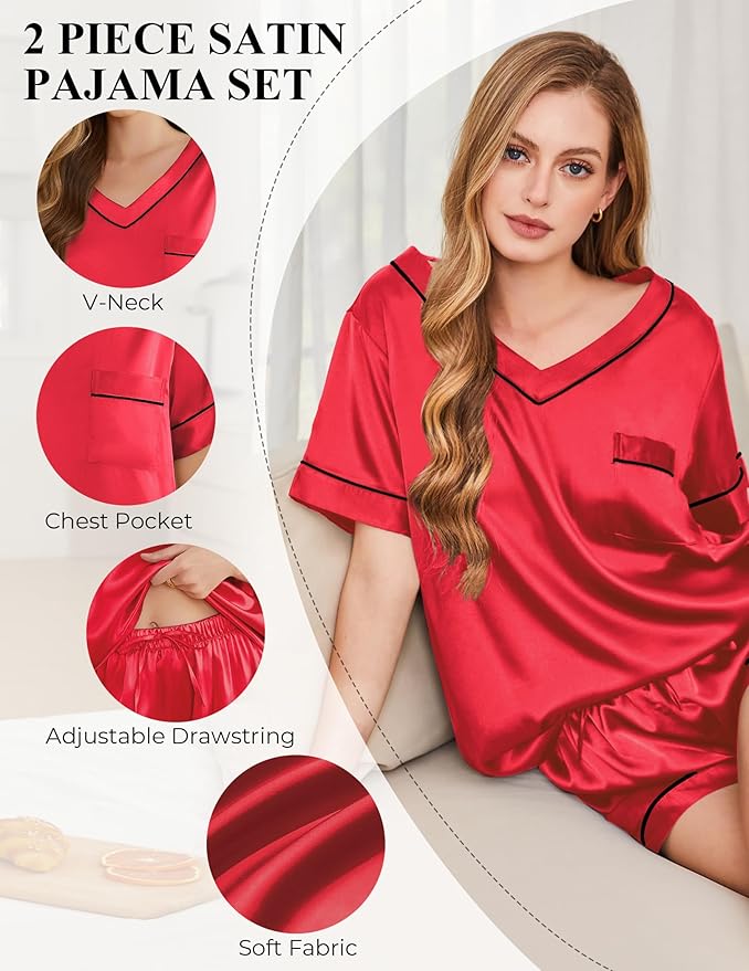 Silk Pajamas for Women Short Sleeve Satin 2 Piece Pj Set Soft V Neck Sleepwear Loungewear, S-XXL
