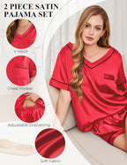Silk Pajamas for Women Short Sleeve Satin 2 Piece Pj Set Soft V Neck Sleepwear Loungewear, S-XXL