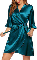 Ekouaer Women's Satin Robe Valentines Lingerie for Women Kimono Bathrobe Short Ruffle Belted Robes Bridesmaids Sleepwear