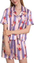 Womens Silk Pajama Sets Floral Print Short Sleeve Satin Pjs Comfy Button Down 2 Piece Sleepwear Loungewear