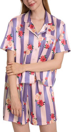 Womens Silk Pajama Sets Floral Print Short Sleeve Satin Pjs Comfy Button Down 2 Piece Sleepwear Loungewear
