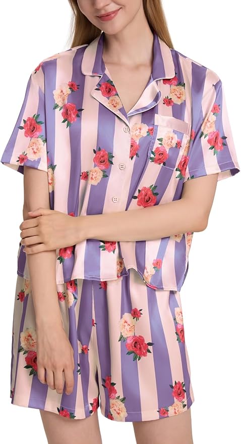 Womens Silk Pajama Sets Floral Print Short Sleeve Satin Pjs Comfy Button Down 2 Piece Sleepwear Loungewear