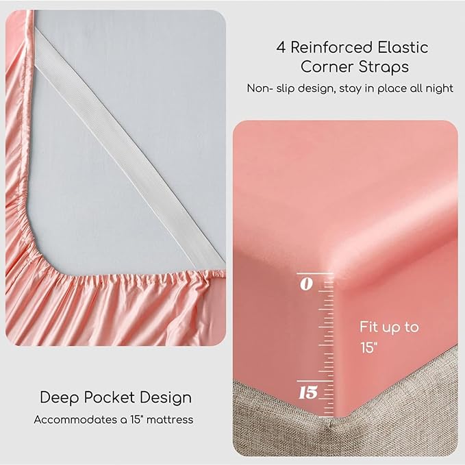 MR&HM Satin Bed Sheets, Full Size Sheets Set, 4 Pcs Silky Bedding Set with 15 Inches Deep Pocket for Mattress (Full, Blush)