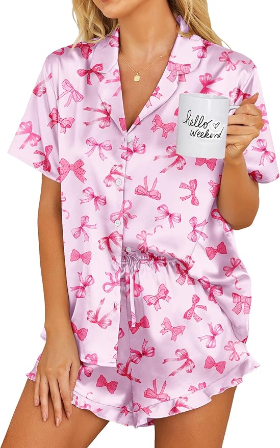 Ekouaer Womens Satin Pajamas Set Button Down 2 Piece Silk Pjs Shorts Set Ruffle Lingerie Notch Collar Sleepwear