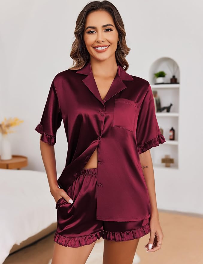 Ekouaer Satin Pajama Set for Women Button Down Silk 2 Piece Pj Sets Ruffle Short Sleeve Sleepwear
