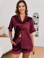 Ekouaer Satin Pajama Set for Women Button Down Silk 2 Piece Pj Sets Ruffle Short Sleeve Sleepwear