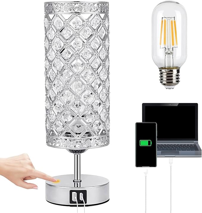 GZKPL Crystal Table Lamp, Touch Control Bedside Nightstand Desk Lamps Women Bedroom Decor Girly Bling Lamps with 2 USB Ports & Bulb Included for Home, Office, Living Room (Silver)
