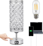 GZKPL Crystal Table Lamp, Touch Control Bedside Nightstand Desk Lamps Women Bedroom Decor Girly Bling Lamps with 2 USB Ports & Bulb Included for Home, Office, Living Room (Silver)
