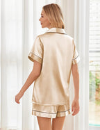 Ekouaer Silk Pajamas for Women Short Sleeve Sleepwear Soft Button Down Loungewear 2 Piece Satin Pjs Shorts Set