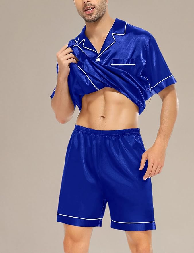 SWOMOG Satin Matching Pajamas Sets Couple Silk Button Down Nightwear Women & Men Short Sleeve Sleepwear 2 Pieces Loungewear