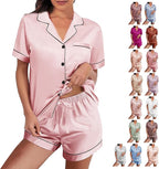 WJing Yi Jia Womens Silk Satin Pajamas Loungewear Two-Piece Sleepwear Button-Down Floral Pj Set XS-4XL
