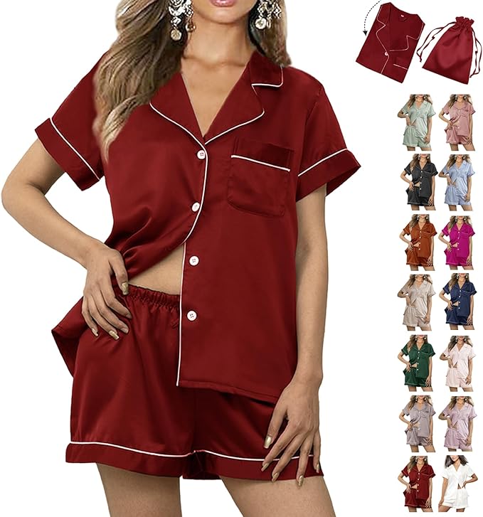 WJing Yi Jia Womens 3Pcs Floral Pajamas Sets Silk Satin Sleepwear XS~4XL Button Down Short Sleeve Shirt Pjs Loungewear