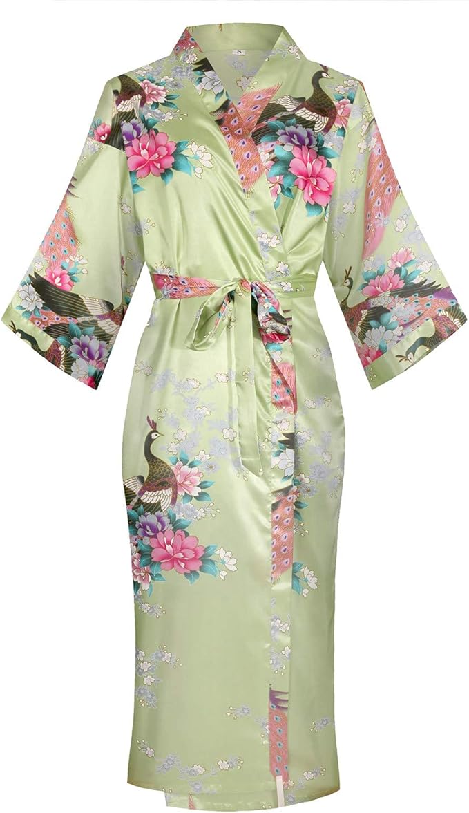 Valennia Women Long Silky Bathrobe Satin Kimono Robe Floral Printed Dressing Gown Sleepwear
