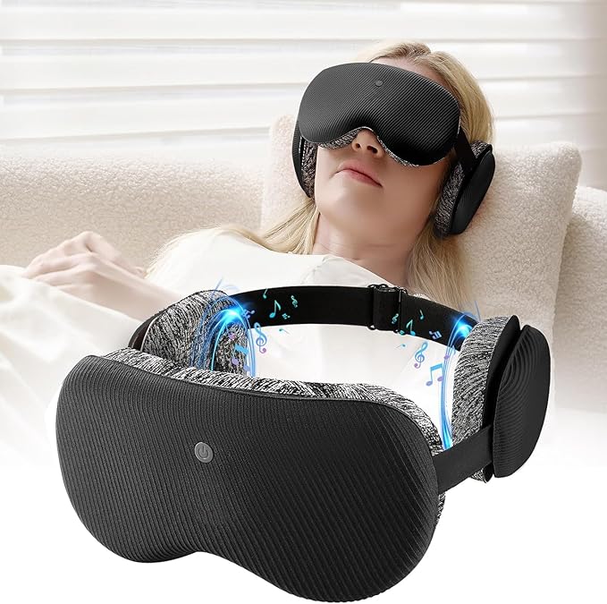 CLOZIA Sleep Mask Wireless Bluetooth, White Noise Bluetooth Sleep Mask with 12 Soothing Sound, Sleep Mask with Bluetooth Headphones for Travel Yoga Office Meditation, Black