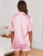 Ekouaer Satin Pajama Set for Women Button Down Silk 2 Piece Pj Sets Ruffle Short Sleeve Sleepwear
