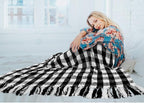 PAVILIA Plaid Chenille Blanket for Twin Size Bed, Soft Black and White Buffalo Plaid Checkered with Tassel Fringe, Woven Knitted Decorative Blanket for Sofa Couch Living Room Decor, Twin 60x80