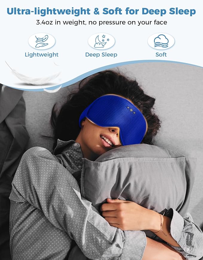 Sleep Mask with Bluetooth Headphones, Removable 3D Contoured Cup, Wireless Eye Mask for Sleep, Sleeping Headphones with Thin Stereo Speakers for Men, Women, Travel, Relaxation - Blue