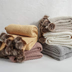 vctops Fur Pom Pom Knit Throw Blanket Super Soft Warm Cozy Cable Knitted Blanket for Sofa and Couch 51 x 63 Inch Mustard Yellow