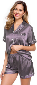 LecGee Womens Silk Satin Pajamas Short Sleeve Loungewear Two-Piece Sleepwear Button-Down Pj Set