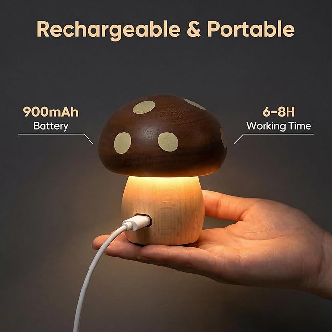 Wood Mushroom Lamp, Rechargeable Small Bedside Lamp, Touch Mushroom Night Light Small lamp for nightstand, Portable Battery Operated Lights for Bedroom Kids Birthday Gifts