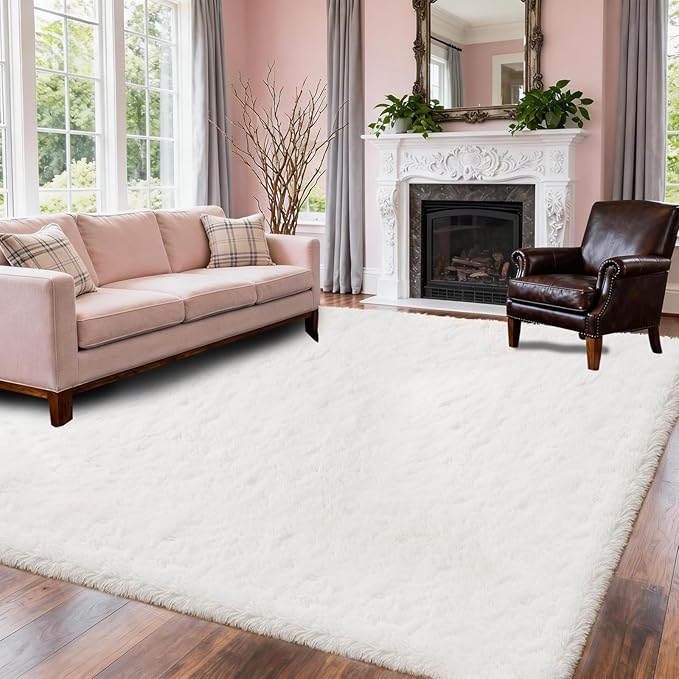 White Area Rugs 8x10 for Living Room, Large Fluffy Shag Rug for Bedroom, Kids Room Decor, Non-Slip Big Furry Plush Rug for Teen, Baby Nursery, Soft Fuzzy Cozy Carpets for Playroom, Modern Home Decor