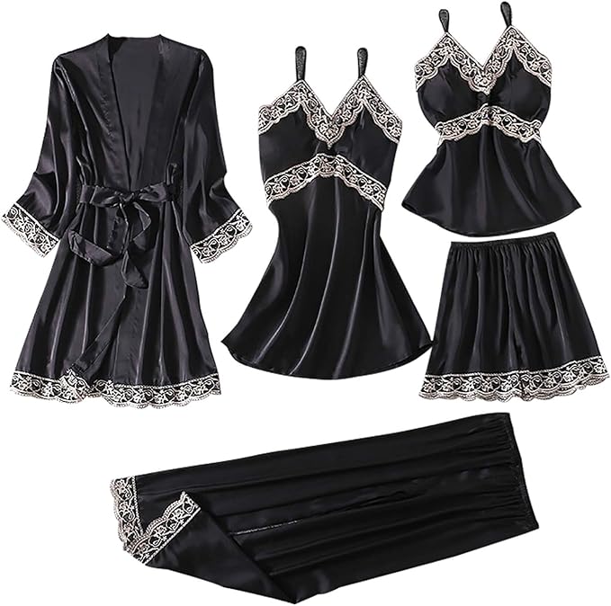 Women's 4pcs Silk Satin Pajamas Set Floral Lace Trim Dress with Robe Lounge Sleepwear Nightdress Novelty Loungewear
