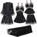 Women's 4pcs Silk Satin Pajamas Set Floral Lace Trim Dress with Robe Lounge Sleepwear Nightdress Novelty Loungewear