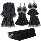 Women's 4pcs Silk Satin Pajamas Set Floral Lace Trim Dress with Robe Lounge Sleepwear Nightdress Novelty Loungewear