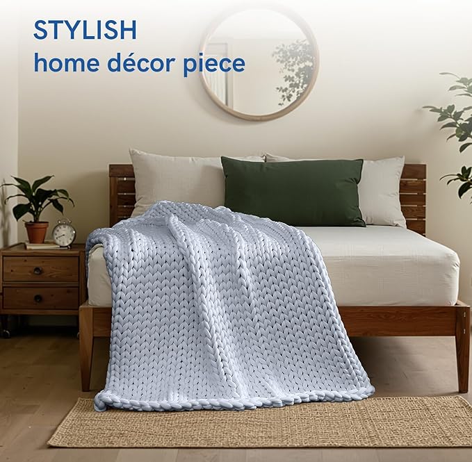 YnM Cooling Chunky Throw Blanket, Medium-Weight, Hand Knitted, Skin Friendly, Ventilated and Breathable, Machine Washable, Home Décor Piece for Couch, Sofa and Bed (Azure Blue, 40x50 Inch)