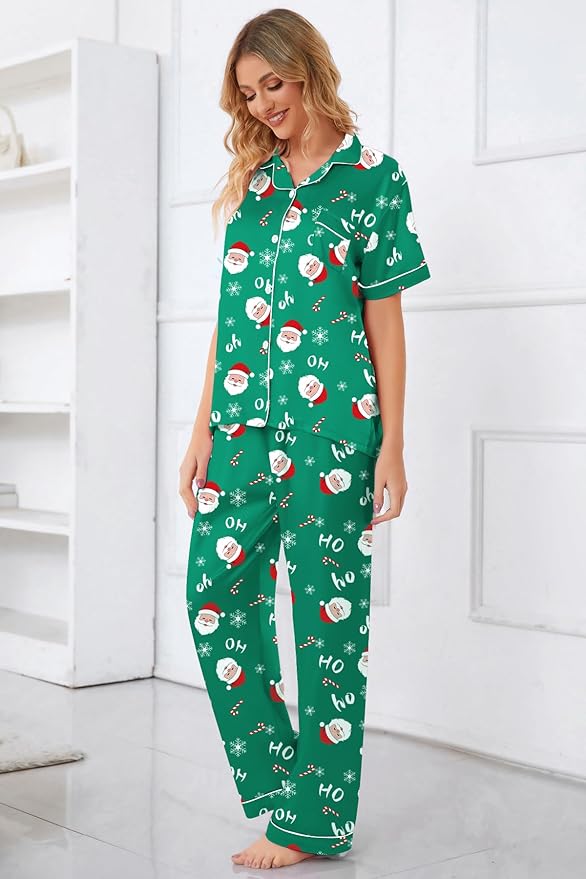 Umeyda Girls Womens Pajamas Set, Satin Silky Button Down Loungewear 2 Piece Short Sleeve Pants PJS Sets for Mommy Kids
