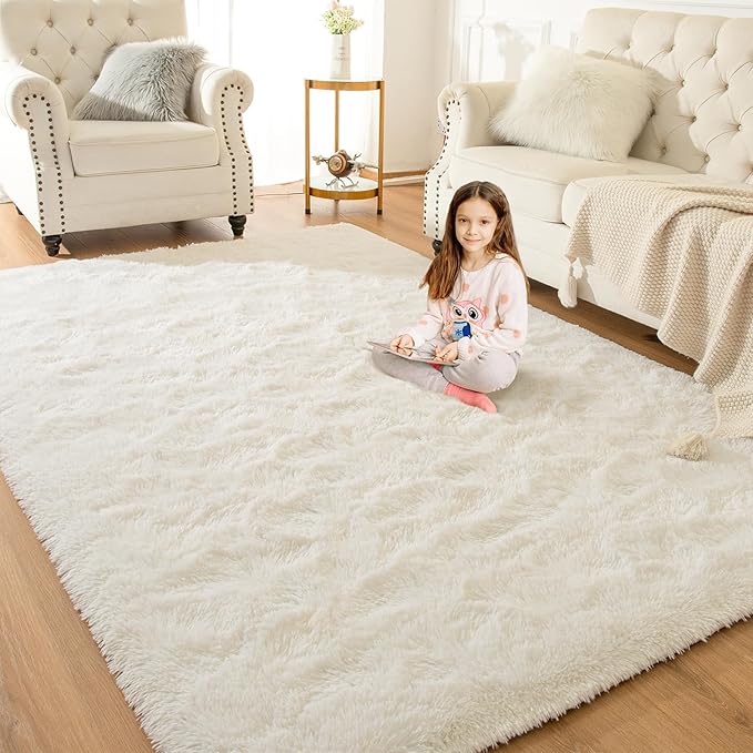 Softlife Area Rug for Bedroom, Fluffy Shag Plush 3x5 Cream Rugs for Living Room Girls, Shaggy Throw Soft Fuzzy Small Kids Carpet for Dorm Bedside Ultra Cozy Non-Slip Indoor Decor