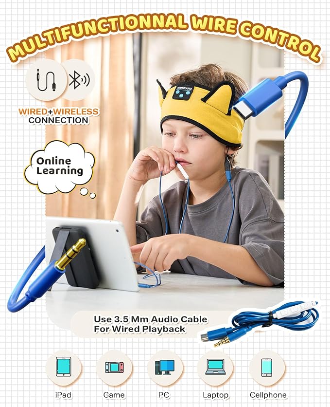 KIDSBAND Kids Headphones, Bluetooth Headband for Kids with Wired Playback 3.5 MM Jack for School, Travel