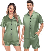 SWOMOG Satin Matching Pajamas Sets Couple Silk Button Down Nightwear Women & Men Short Sleeve Sleepwear 2 Pieces Loungewear