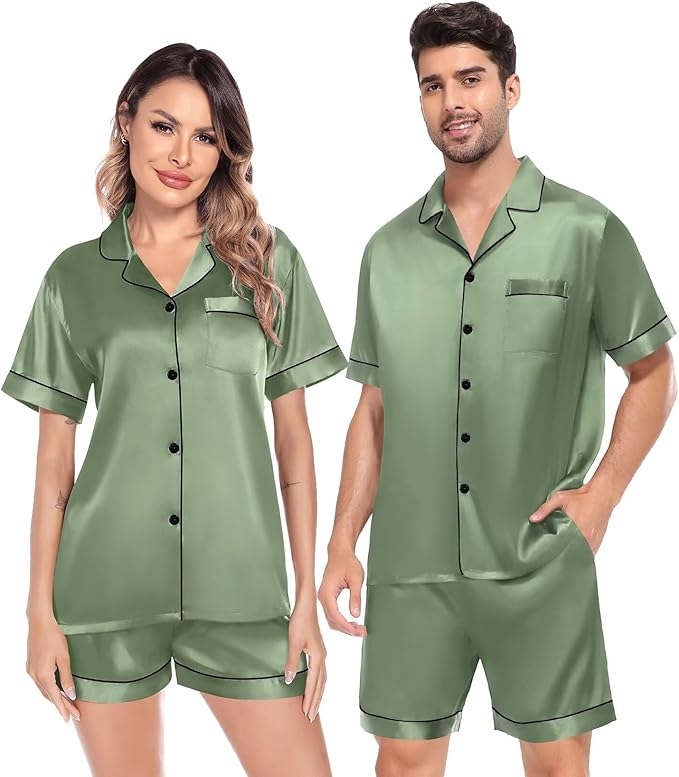 SWOMOG Satin Matching Pajamas Sets Couple Silk Button Down Nightwear Women & Men Short Sleeve Sleepwear 2 Pieces Loungewear