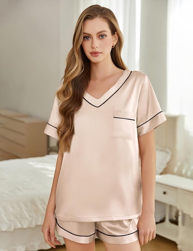 Silk Pajamas for Women Short Sleeve Satin 2 Piece Pj Set Soft V Neck Sleepwear Loungewear, S-XXL