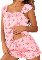 Satin Pajama Set for Women 2 Piece Silk Pjs Ruffle Sleeve Top and Shorts Cute Bridal Sleepwear Set S-XXL