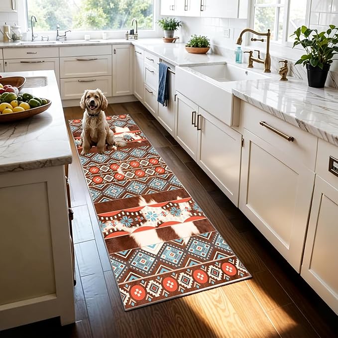 Western Cowhide Runner Rug,3x10ft,Rustic Tribal Aztec Runner Rug,Farmhouse Cow Print Decor Western Kitchen Rugs,Soft Non-Slip Faux Cowhide Hallway Carpet, for Office Entryway Bedroom Floor Mat