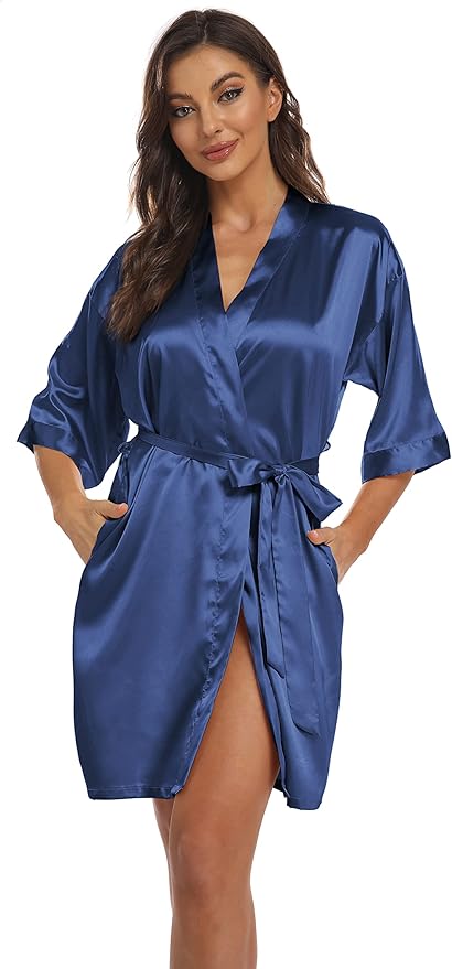 Women's Pure Short Kimono Robes Bride Bridesmaids Silky Bathrobe Lightweight Satin Sleepwear