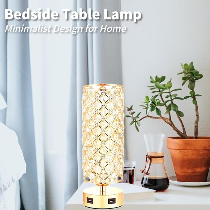 Crystal Table Lamps, Small Touch Desk Lamp Bedside Bedroom Lamp with 2 USB Charging Port Nightstand Night Light Room Decor for Kids Room, Home Office, Living Room,Bar, Restaurant (Gold)