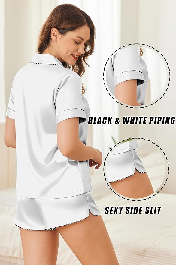 Ekouaer Silk Satin Pajamas Set Short Sleeve Pj Sets Black & White Contrast Piping Pjs Button Down Lounge Sets 2 Piece